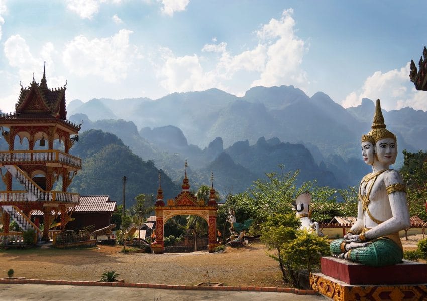 laos, temple, mountains